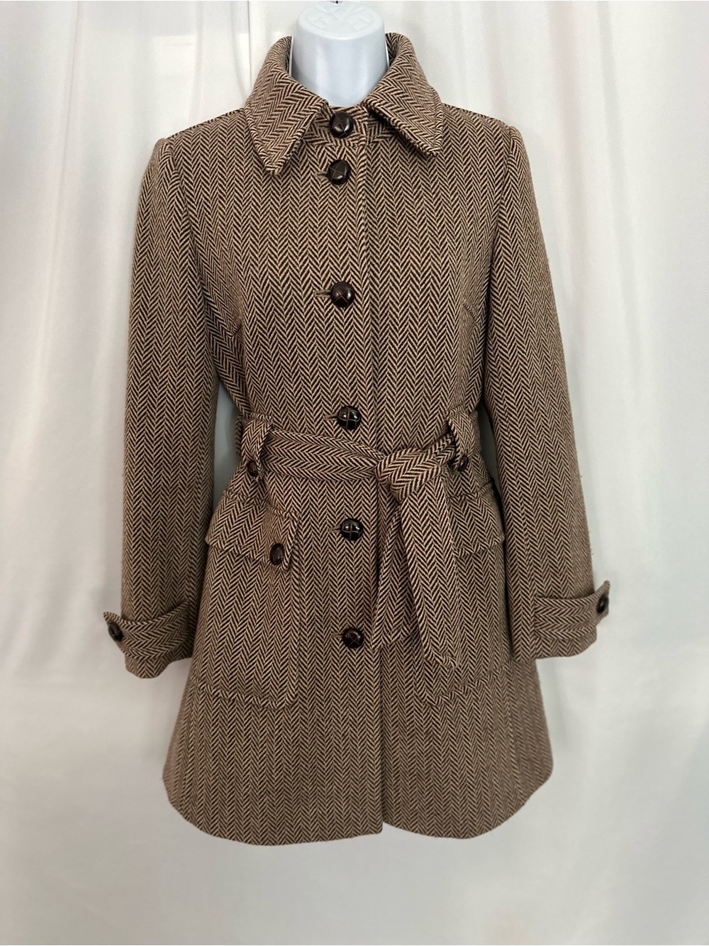 J.Crew Wool Herringbone Belted Coat Jacket Brown Cream XS (1326)